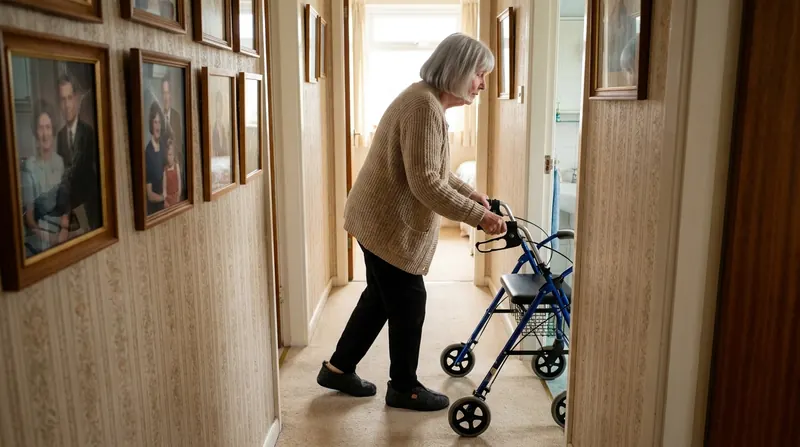 An older woman walking a blue three-wheel rollator walker down a narrow hallway past framed family photos