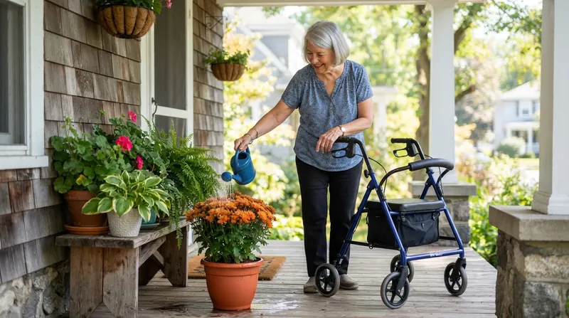 An older woman watering orange chrysanthemums on a front porch while leaning on a blue rollator walker