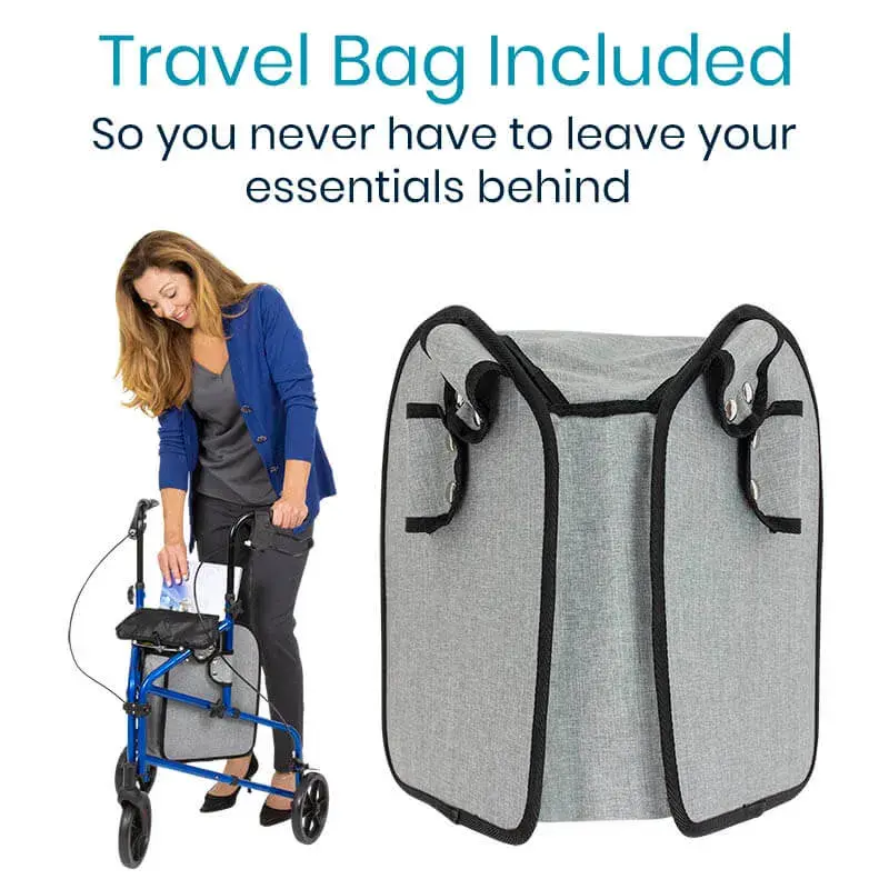 The Vive Health 3 Wheel Rollator with its gray removable storage bag hung between the handles