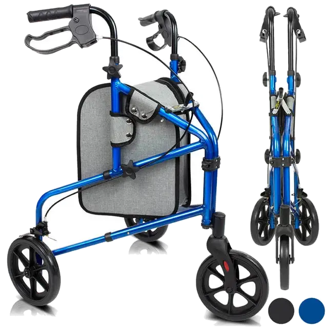The Vive Health 3 Wheel Rollator in blue, a three-wheel aluminum walker with hand brakes and a gray storage bag